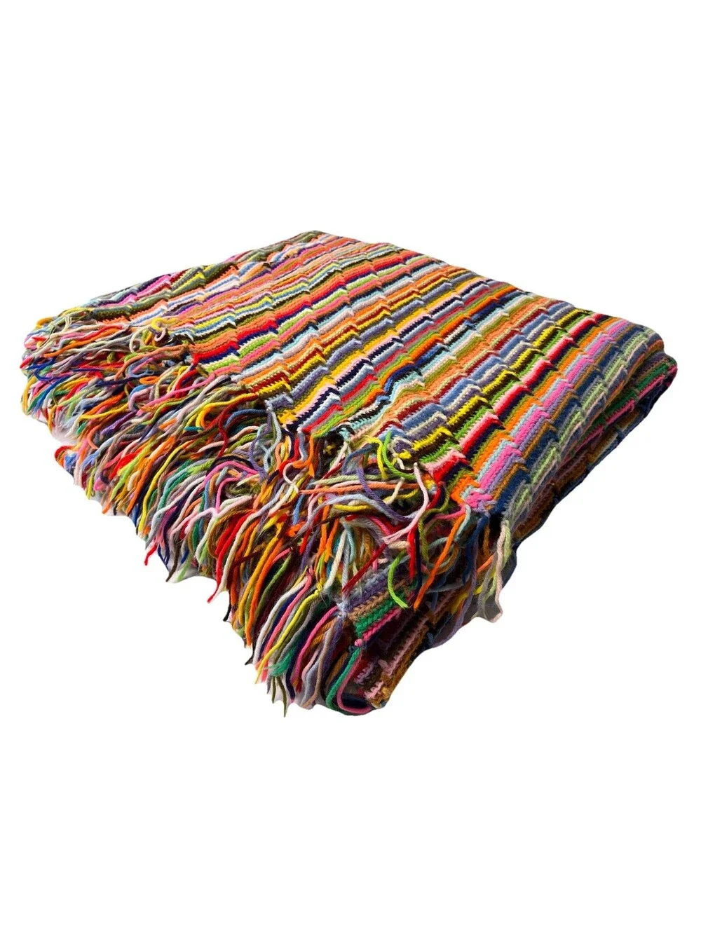 Large Knit Handmade Crocheted Afghan Blanket Rainbow Multi Color 80x92 Inch Vtg